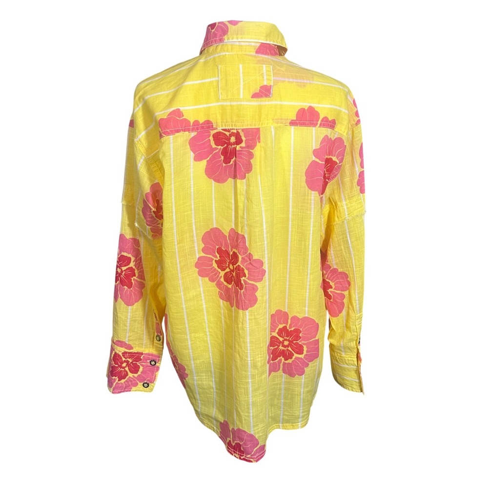 We The Free Shirt NWT women's XS Yellow Pink Hidden Flower Camo Oversized Button - Picture 3 of 12